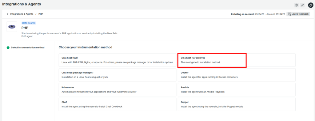 New Relic Monitoring - select option