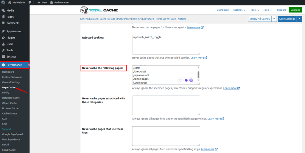 Plugin settings - Redis Full-Page Caching