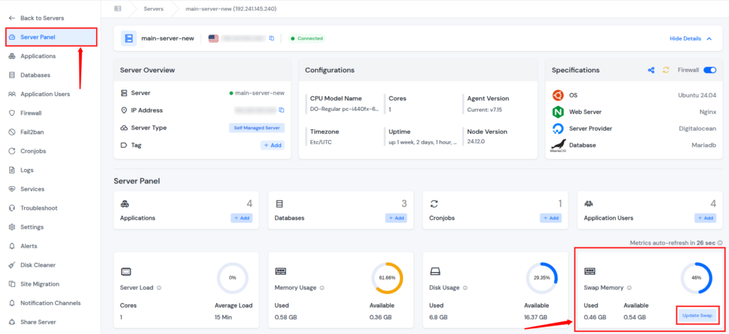 swap memory scaling - Server Panel
