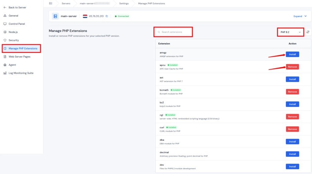 ServerAvatar v7.15.3 - manage php extension