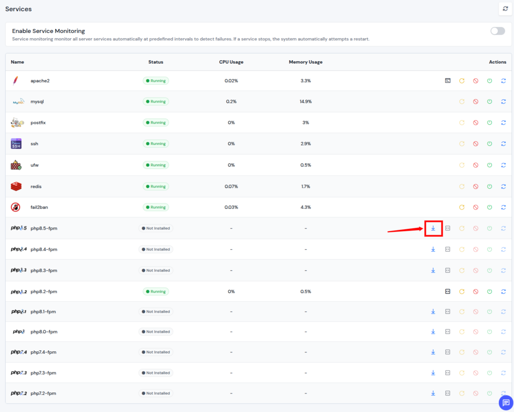 ServerAvatar v7.15.3 - install PHP version