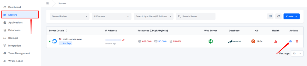 server dashboard - Staging Environment