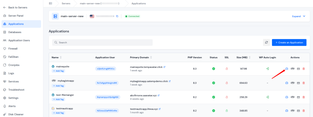 application dashboard - Staging Environment