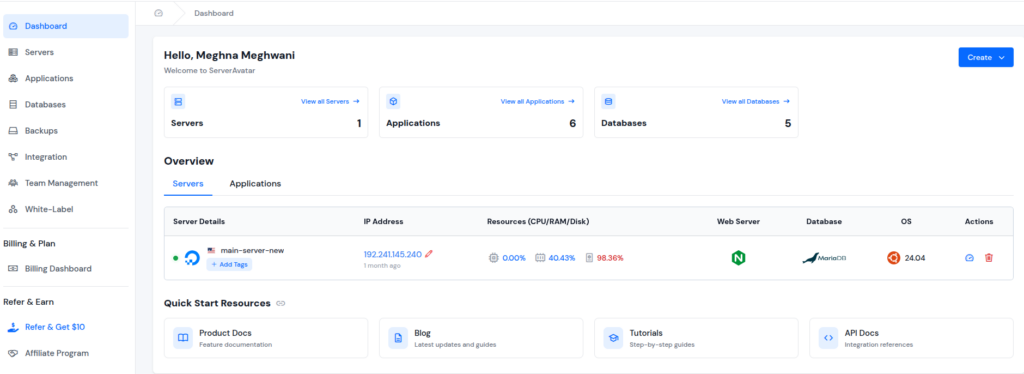 ServerAvatar dashboard - WordPress site