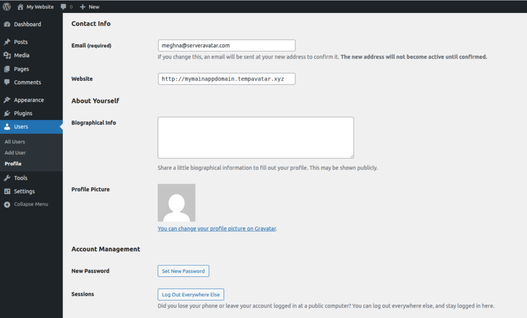 user profile - WordPress site