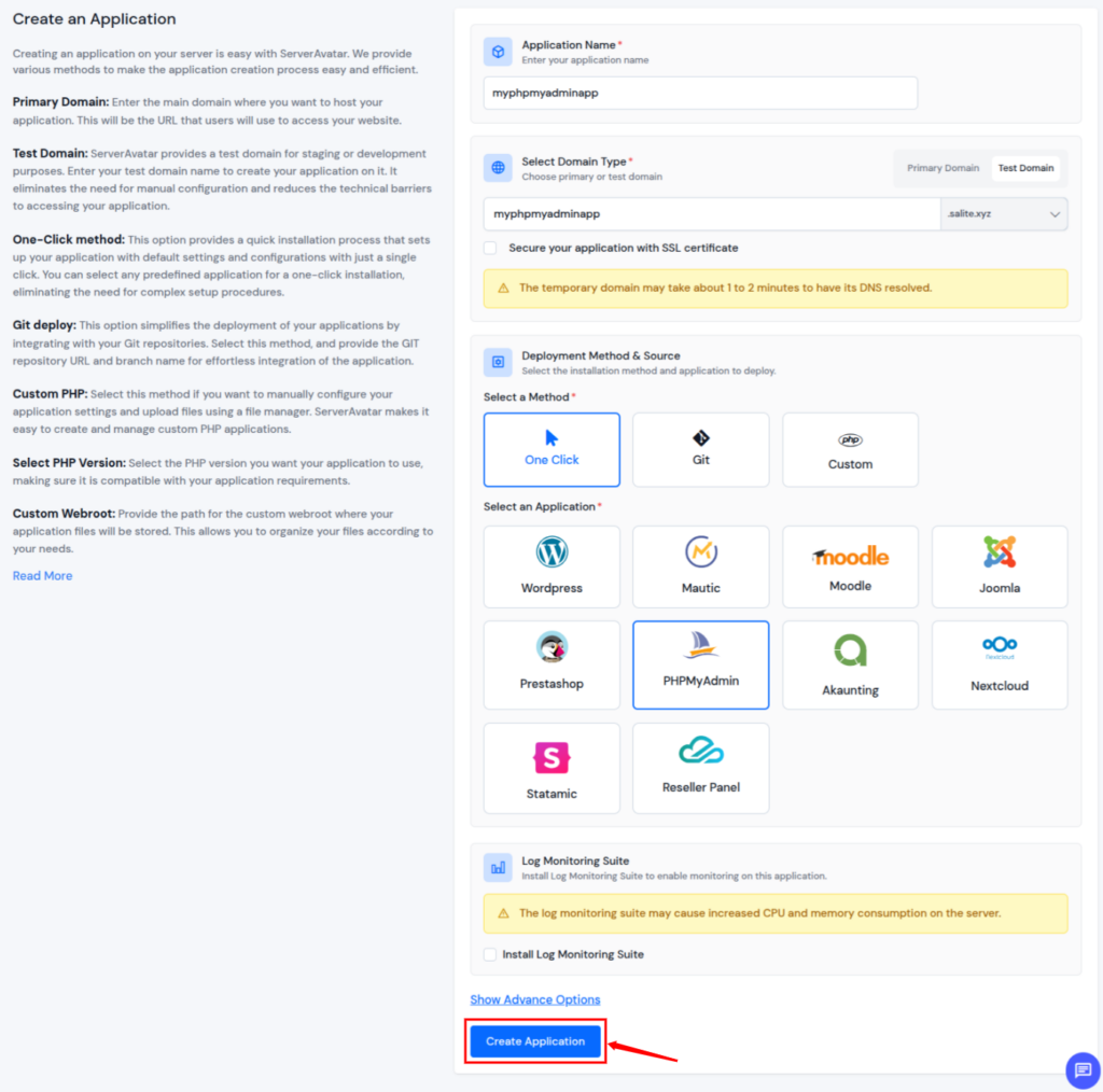 create phpMyAdmin application