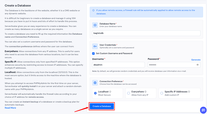 create a database - Deploy Bagisto