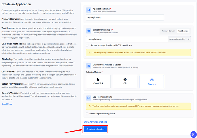 create application - Deploy Bagisto