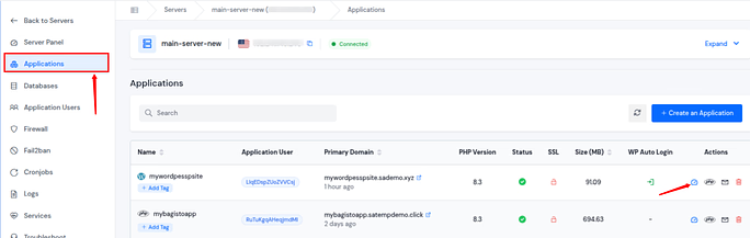application dashboard - ServerAvatar