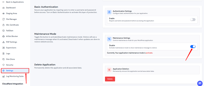 enable maintenance mode - ServerAvatar