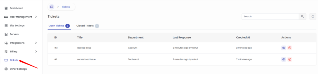 Reseller panel tickets - Managed Cloud Hosting Business