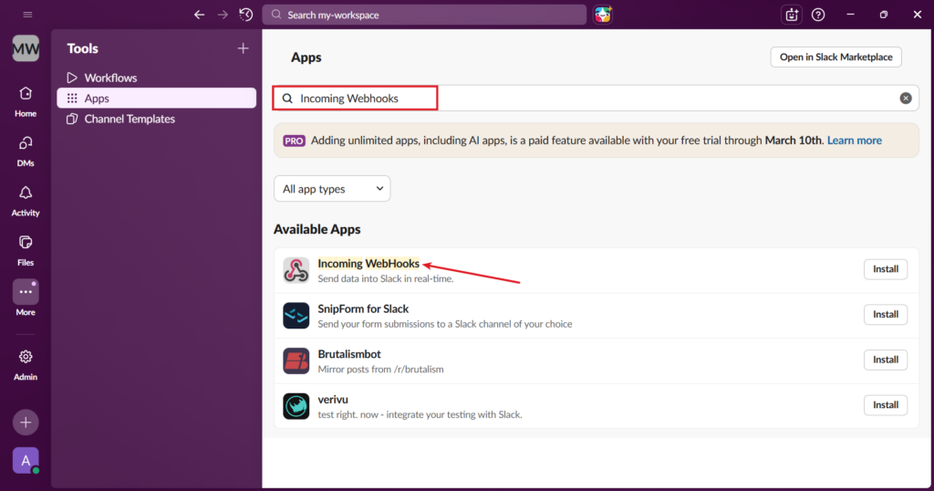 search for webhook - Integrate Slack