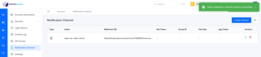 attach notification channel - Integrate Slack