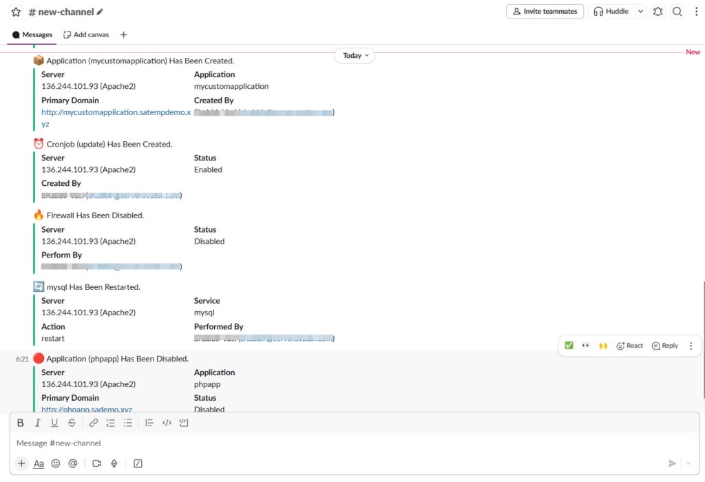 server level notifications - Integrate Slack 