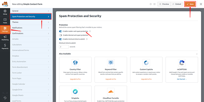 settings - Stop Contact Form Spam