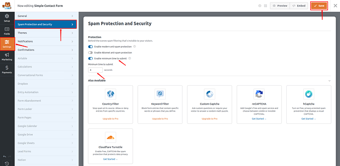 settings - Stop Contact Form Spam