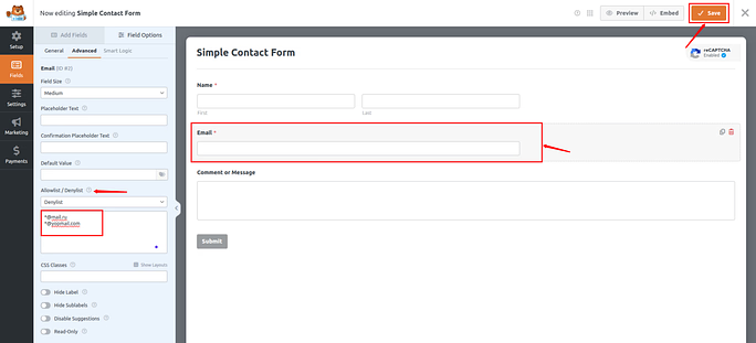 save settings - edit form - Stop Contact Form Spam