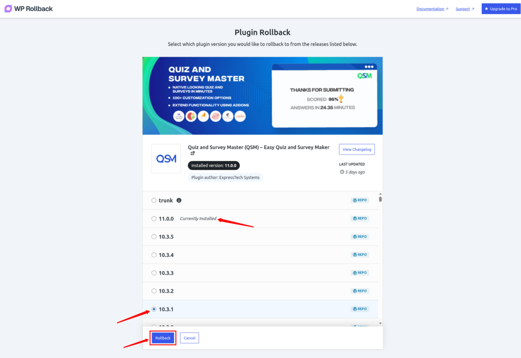 wp rollback - Update WordPress Plugins