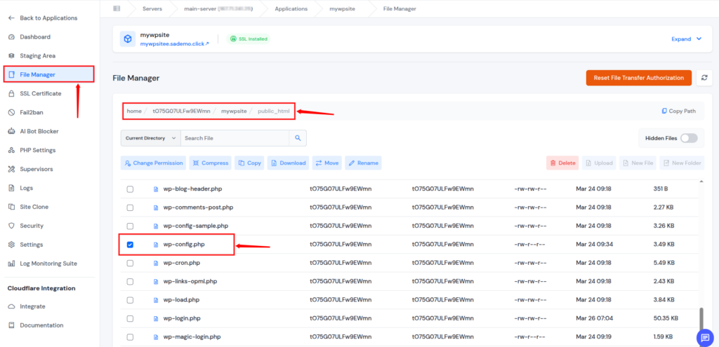file manager - configure wp-config.php