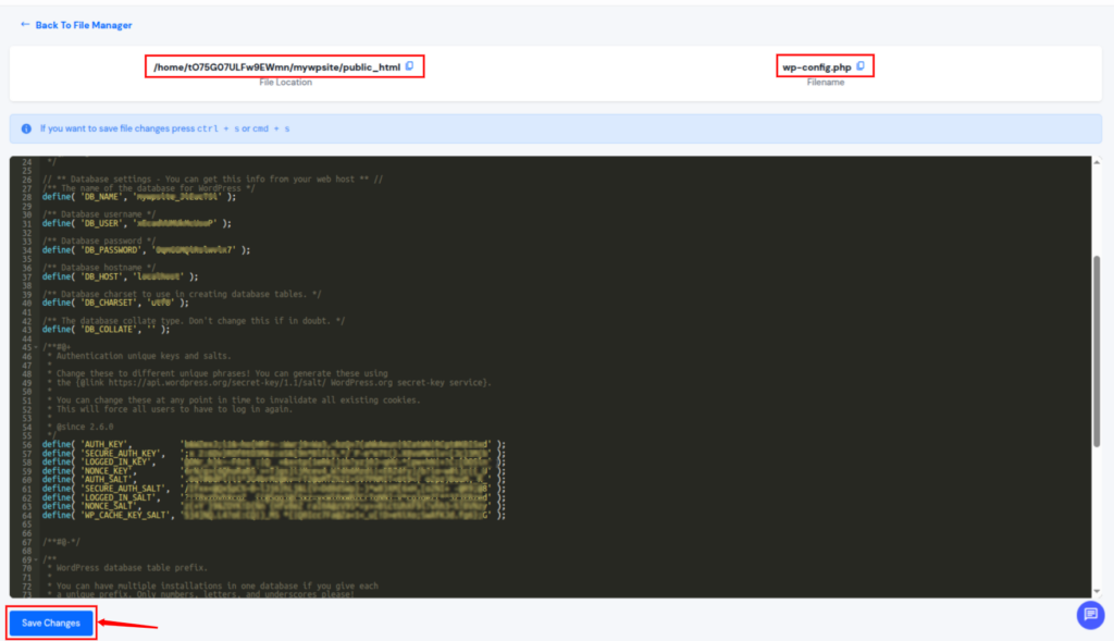 save changes - configure wp-config.php