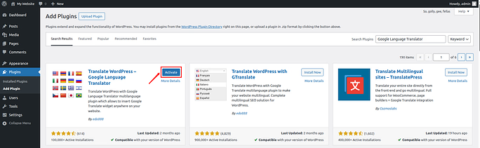 activate plugin - Google Translate To WordPress