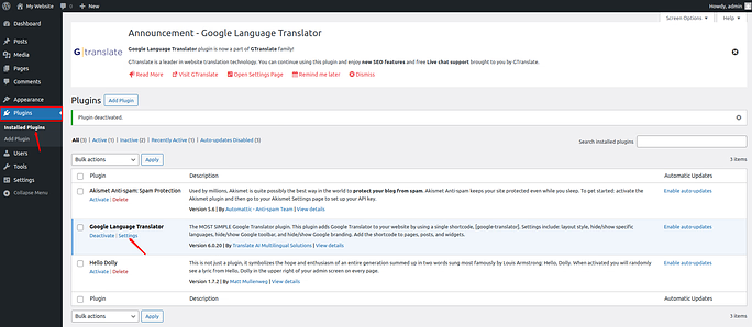plugin settings - Google Translate To WordPress