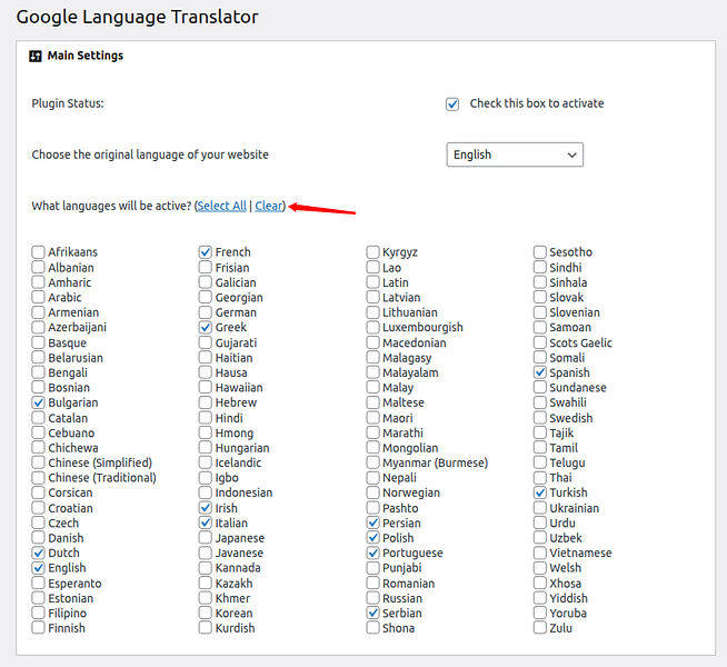 select languages - Google Translate To WordPress