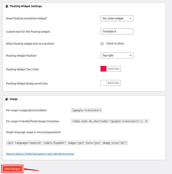save changes - Google Translate To WordPress