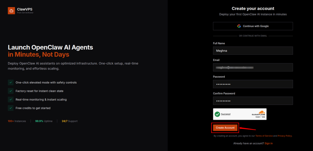 create account - Deploy OpenClaw AI