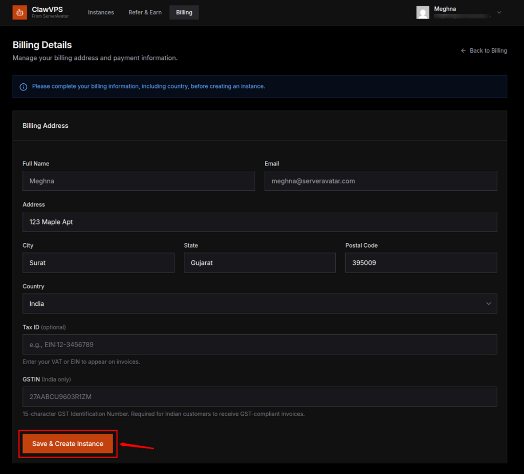 billing details - Deploy OpenClaw AI