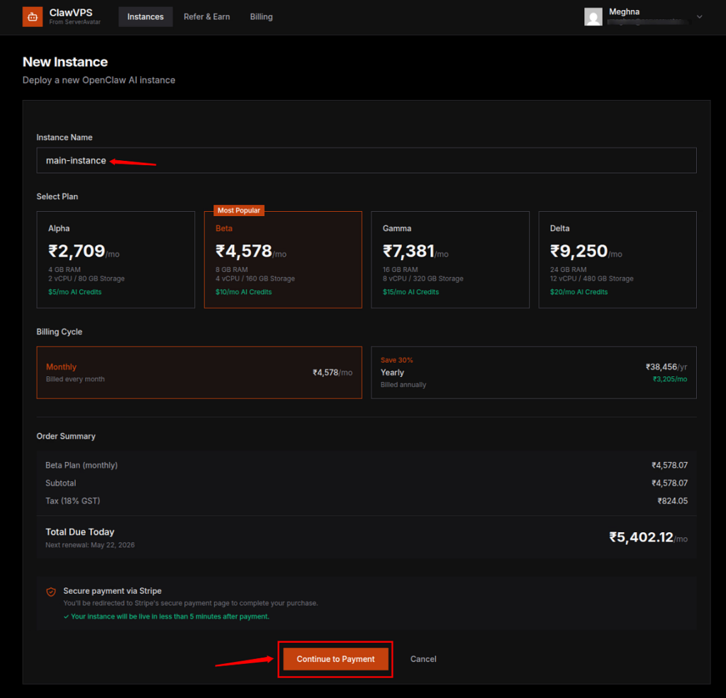 select plan - Deploy OpenClaw AI