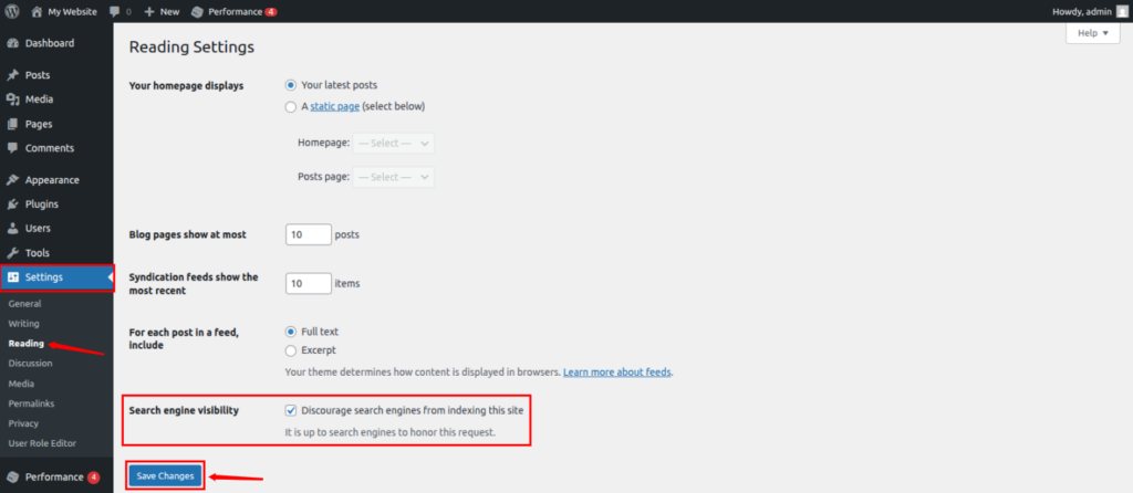 Discourage search engines from indexing site in WordPress