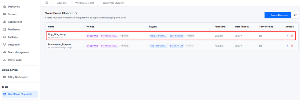 WordPress Blueprints list