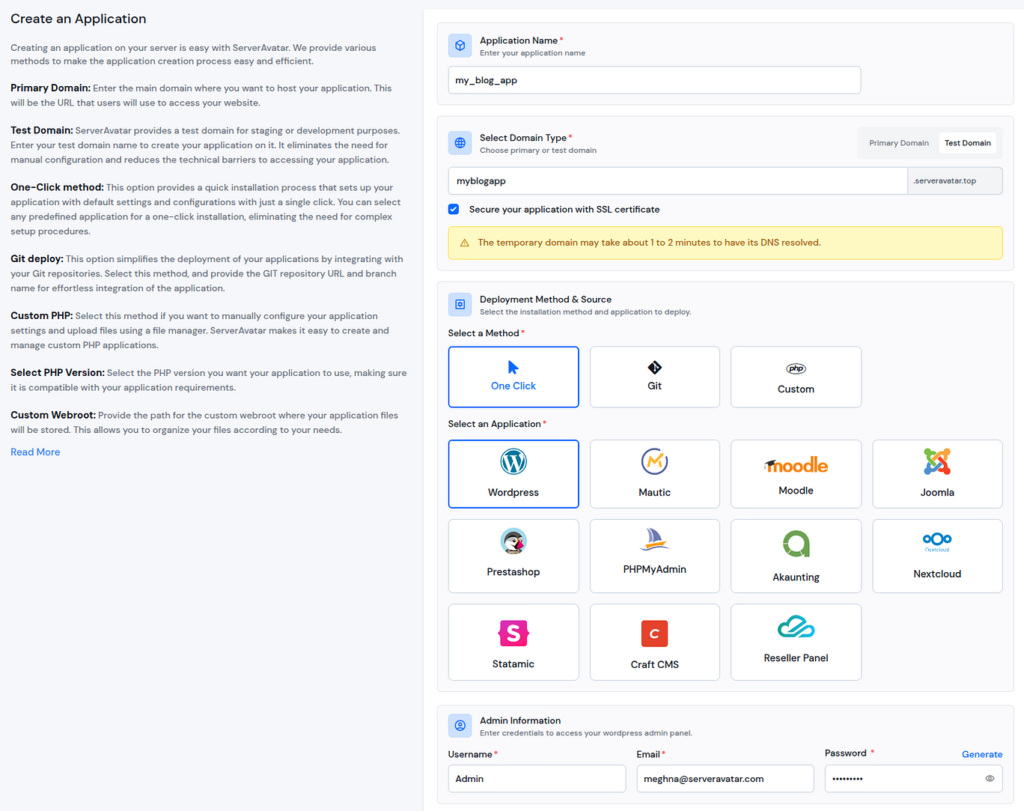 Create application - WordPress Blueprints