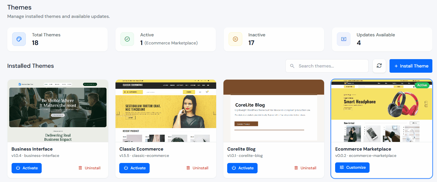 activate theme - manage WordPress themes