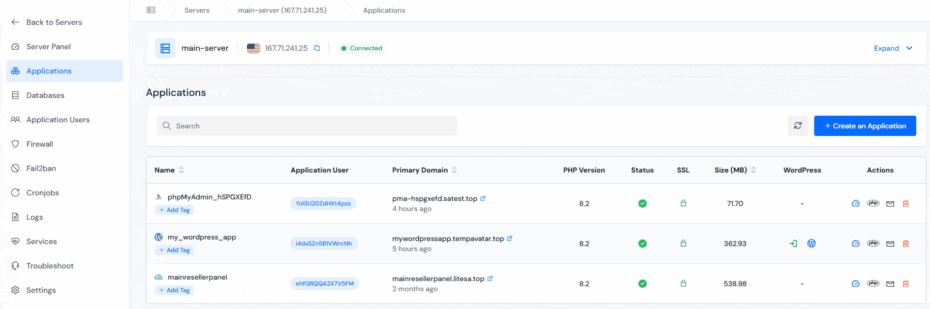 application panel - manage WordPress plugins