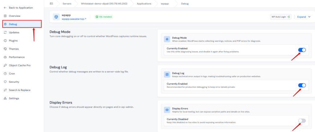 enable debug - WordPress 500 Internal Server Error