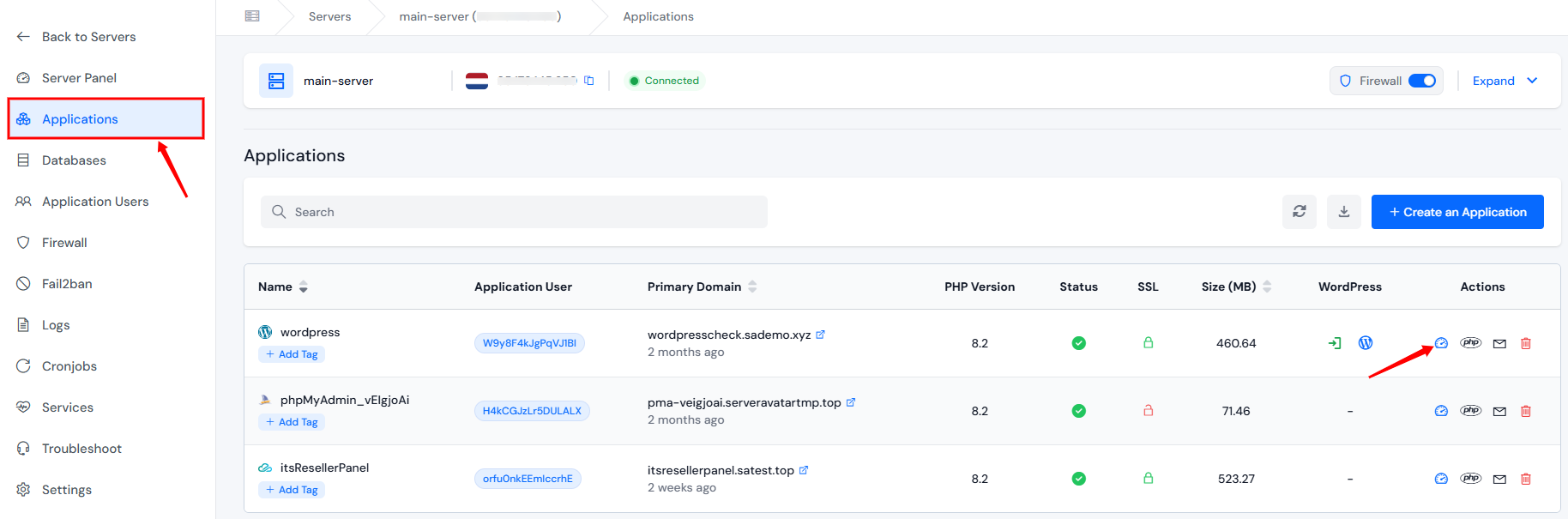 application panel - WordPress Site Settings