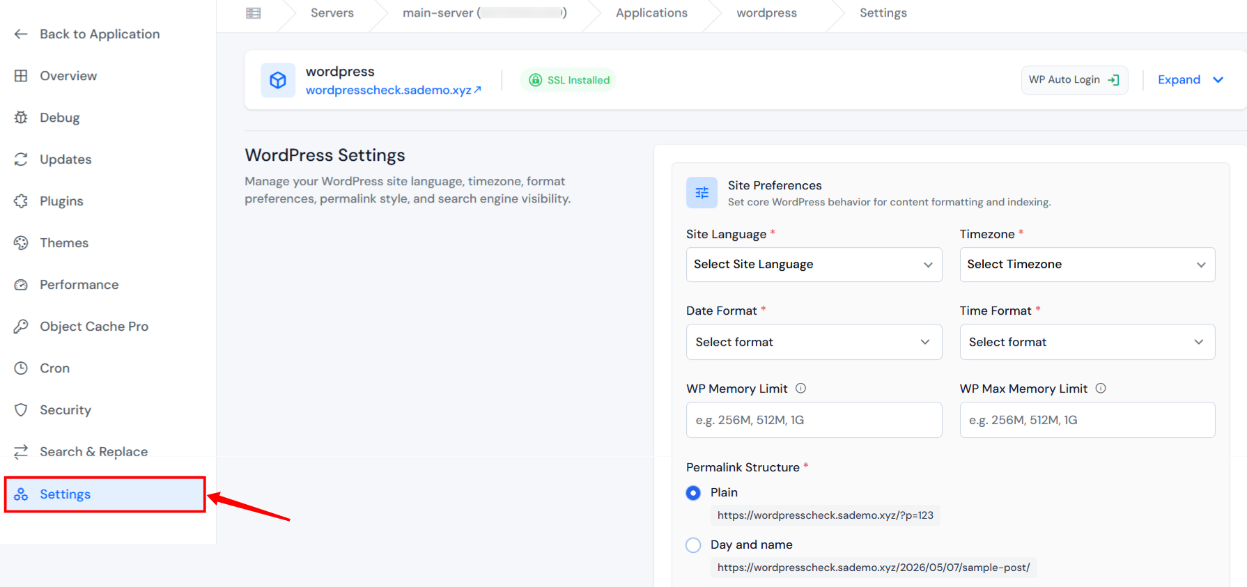 Settings section - WordPress Site Settings