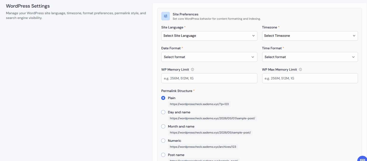Site Preferences - WordPress Site Settings