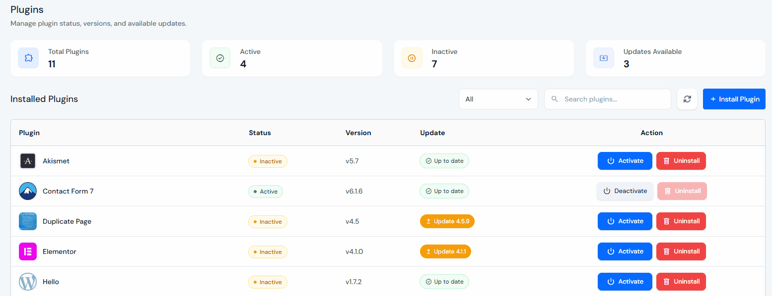 update plugin - manage WordPress plugins