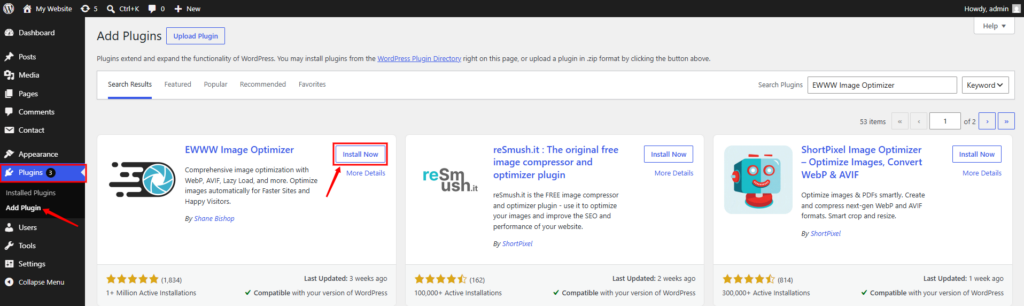 install image optimizer plugin - WordPress Default Image Sizes