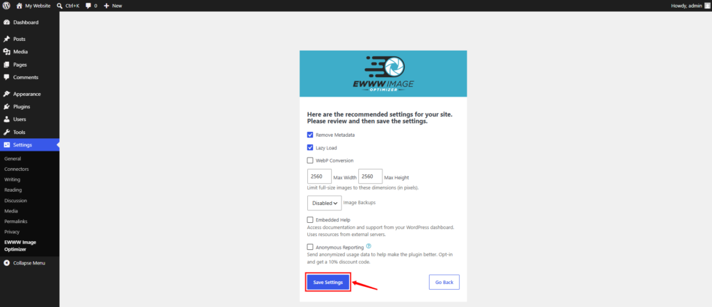 save settings of plugin - WordPress Default Image Sizes
