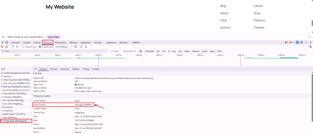 Checking response headers in Chrome DevTools Network tab - Expires Headers in WordPress