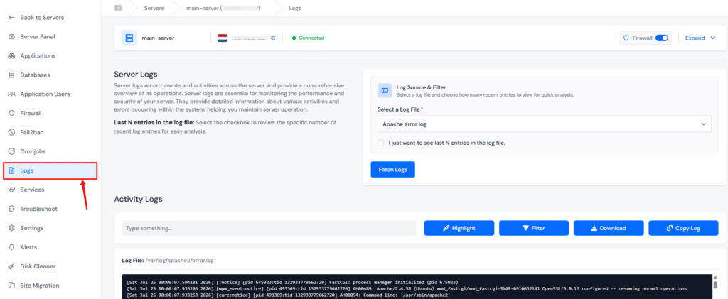 logs in ServerAvatar - HTTP 503 Service Unavailable Error