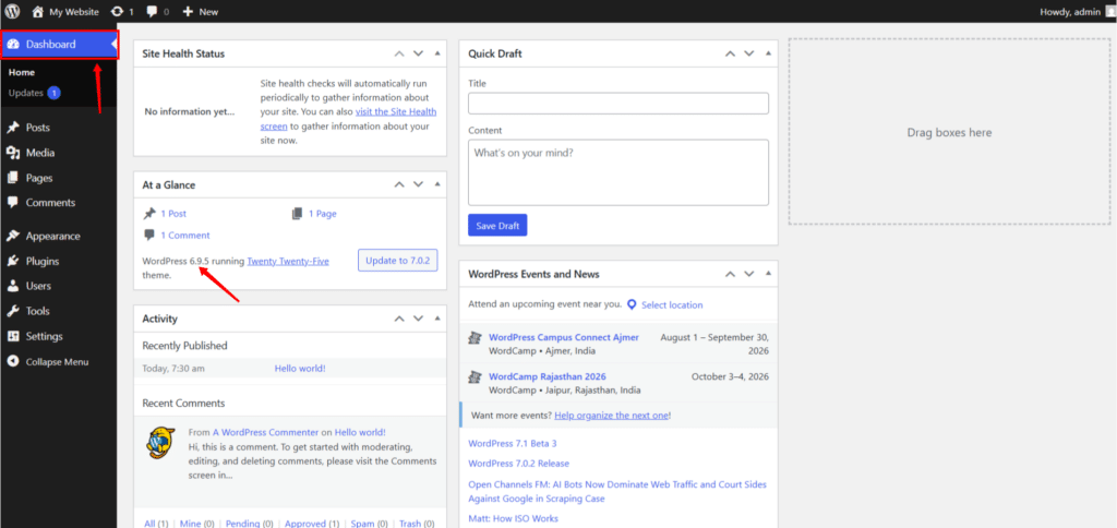 check current version from WordPress admin dashboard - Upgrade WordPress Version