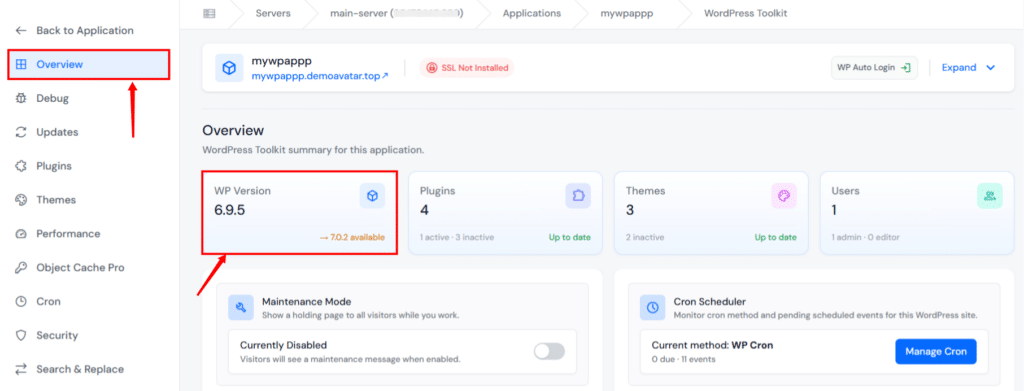 current version in WP Toolkit dashboard - Upgrade WordPress Version