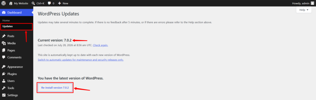 update version from admin dashboard - Upgrade WordPress Version
