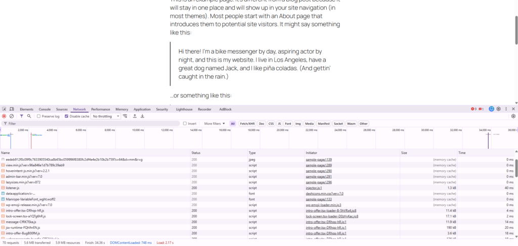 Chrome DevTools Network tab showing WordPress HTTP requests - reduce HTTP requests