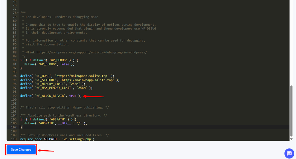 Save the file -
WordPress database connection error